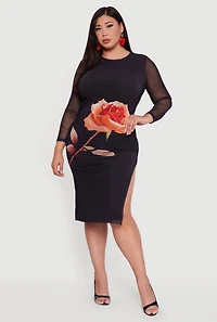 Womens Plus Size Side Slit Floral Mesh Overlay Midi Dress, Black, Size 3X