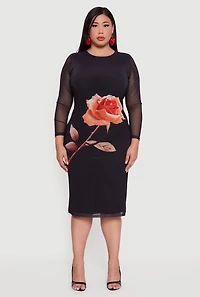 Womens Plus Size Side Slit Floral Mesh Overlay Midi Dress, Black, Size 3X