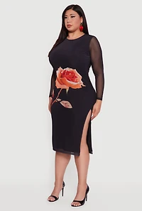 Womens Plus Size Side Slit Floral Mesh Overlay Midi Dress, Black, Size 3X