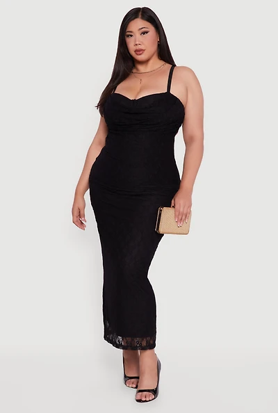 Womens Plus Size Floral Lace Draped Sweetheart Maxi Dress, Black, Size 1X