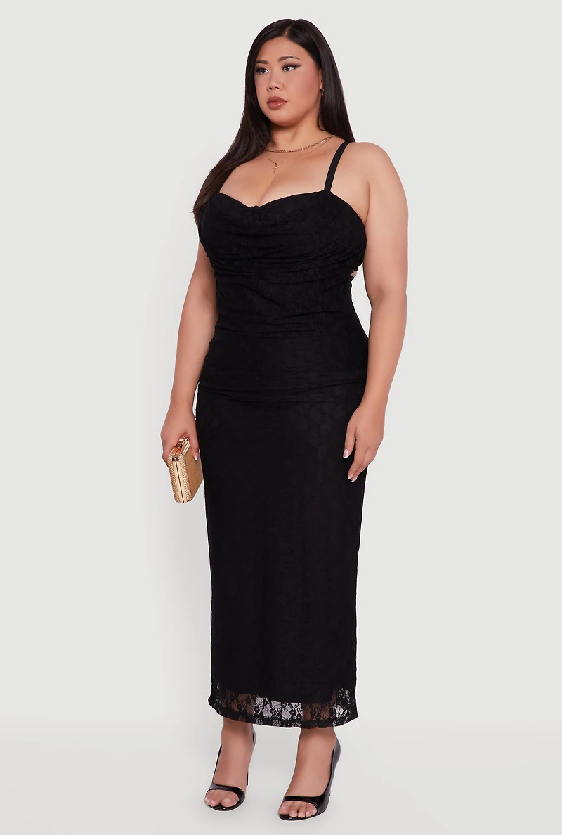 Womens Plus Size Floral Lace Draped Sweetheart Maxi Dress, Black, Size 1X