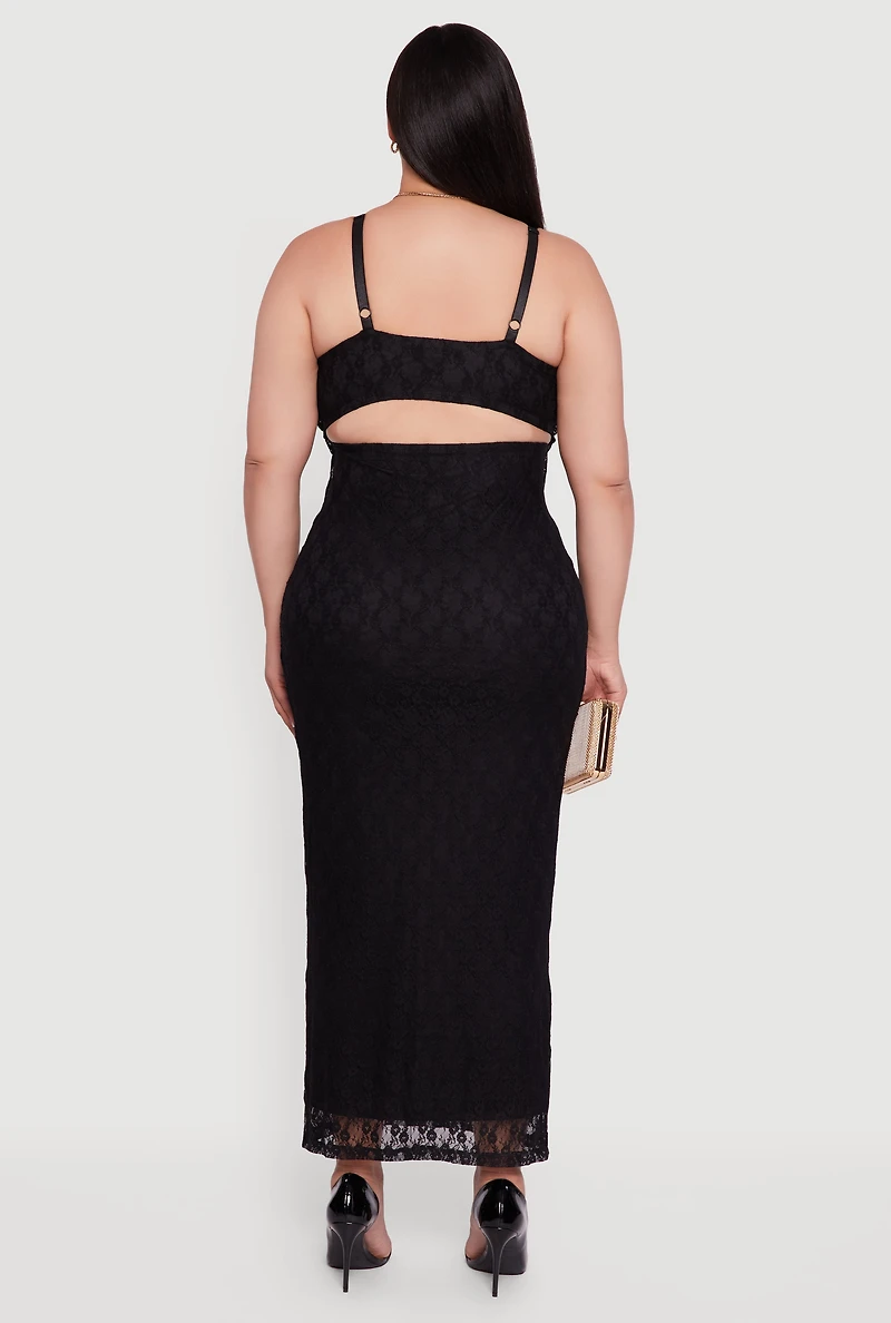 Womens Plus Floral Lace Draped Sweetheart Maxi Dress,