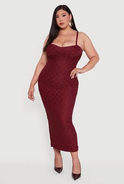 Womens Plus Floral Lace Draped Sweetheart Maxi Dress, Burgundy,