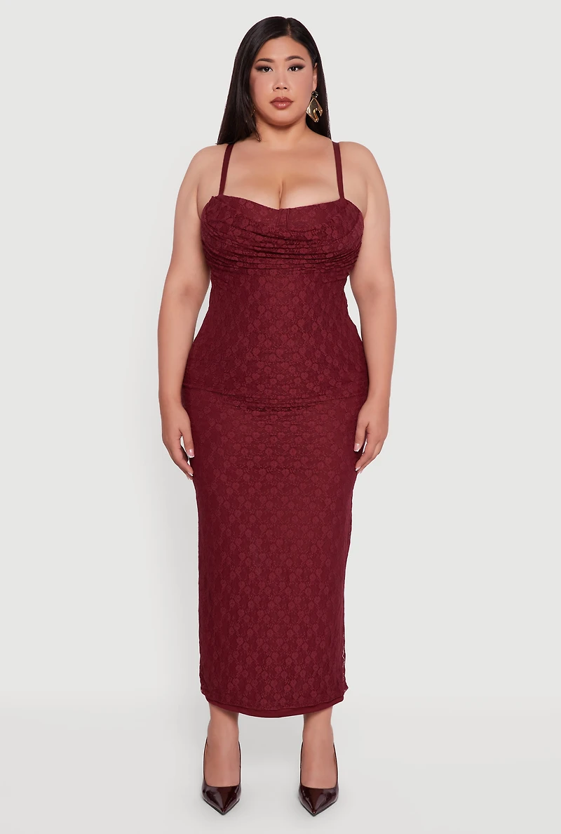 Womens Plus Floral Lace Draped Sweetheart Maxi Dress, Burgundy,