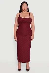 Womens Plus Floral Lace Draped Sweetheart Maxi Dress, Burgundy,