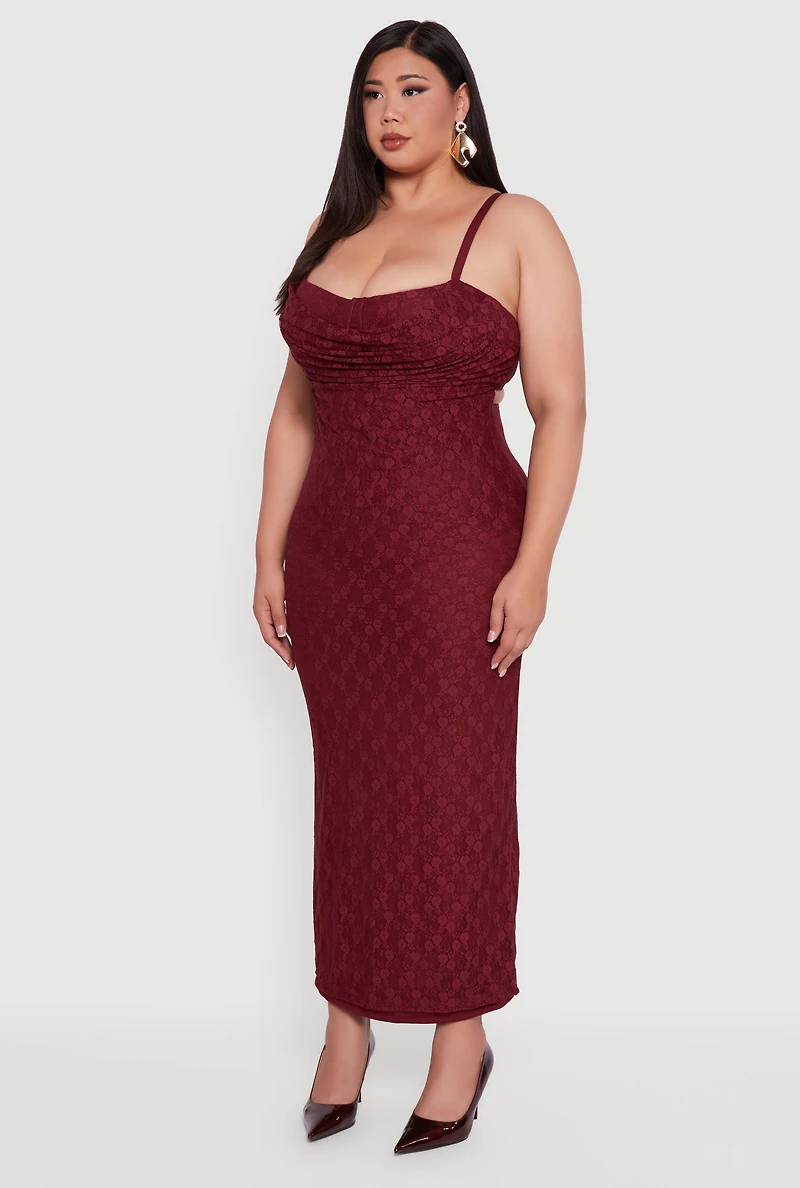 Womens Plus Floral Lace Draped Sweetheart Maxi Dress, Burgundy,