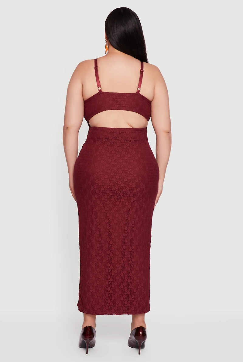 Womens Plus Floral Lace Draped Sweetheart Maxi Dress, Burgundy,