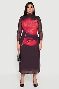 Plus Almost Famous Mock Neck Floral Mesh Overlay Dress