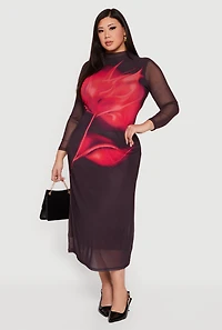 Plus Almost Famous Mock Neck Floral Mesh Overlay Dress