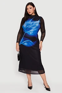 Womens Plus Size Almost Famous Mock Neck Floral Mesh Overlay Dress, Black, Size 1X