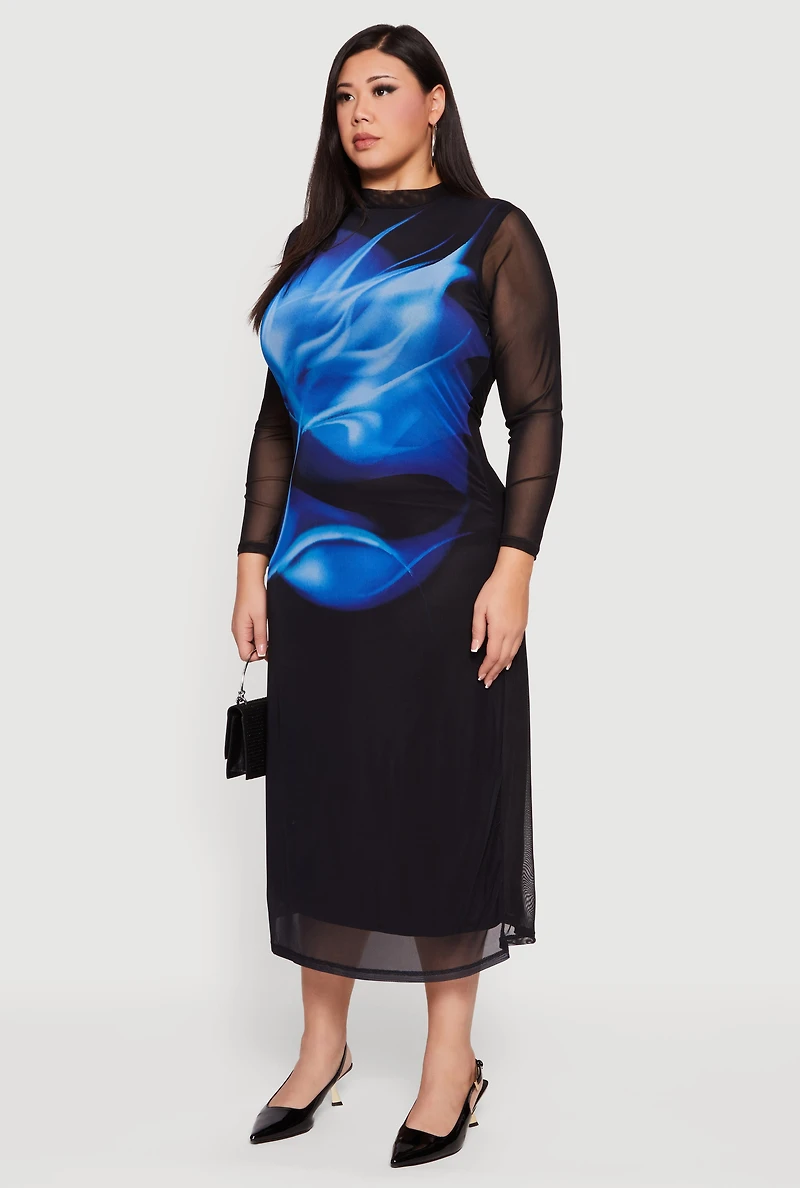 Womens Plus Size Almost Famous Mock Neck Floral Mesh Overlay Dress, Black, Size 1X