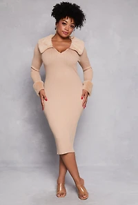 Womens Plus Size Almost Famous Faux Fur Trim Dress, Beige, Size 1X