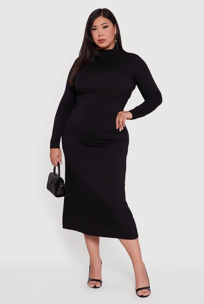 Womens Plus Mock Neck Open Tie Back Keyhole Dress,