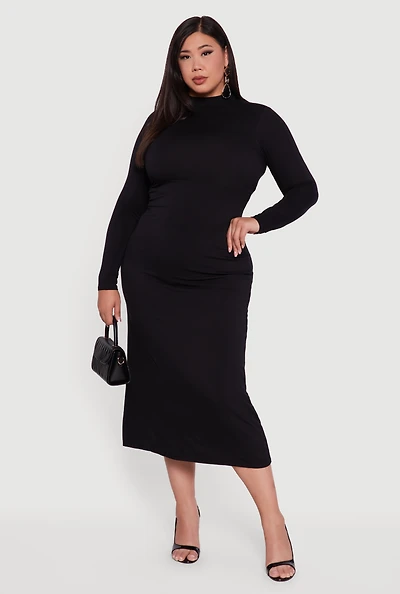 Womens Plus Mock Neck Open Tie Back Keyhole Dress,