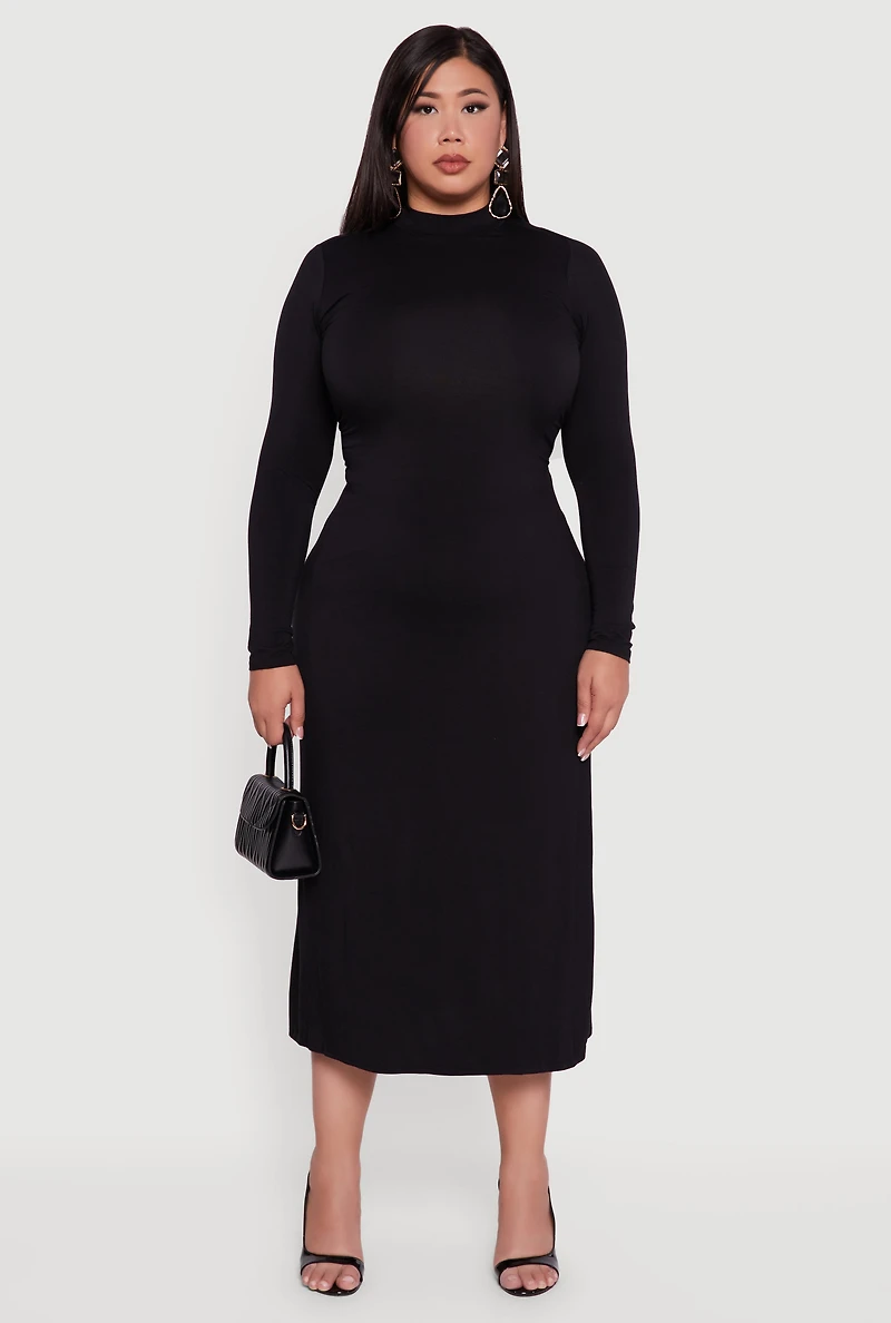 Womens Plus Size Mock Neck Open Tie Back Keyhole Dress, Black, Size 2X