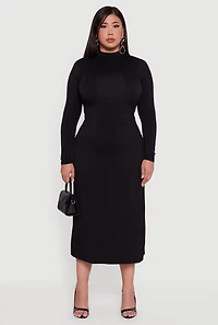 Womens Plus Size Mock Neck Open Tie Back Keyhole Dress, Black, Size 2X