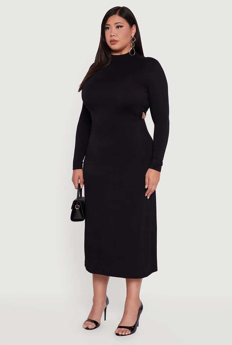 Womens Plus Size Mock Neck Open Tie Back Keyhole Dress, Black, Size 2X