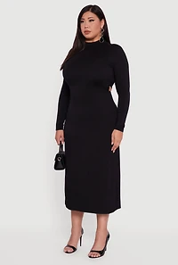 Womens Plus Size Mock Neck Open Tie Back Keyhole Dress, Black, Size 2X