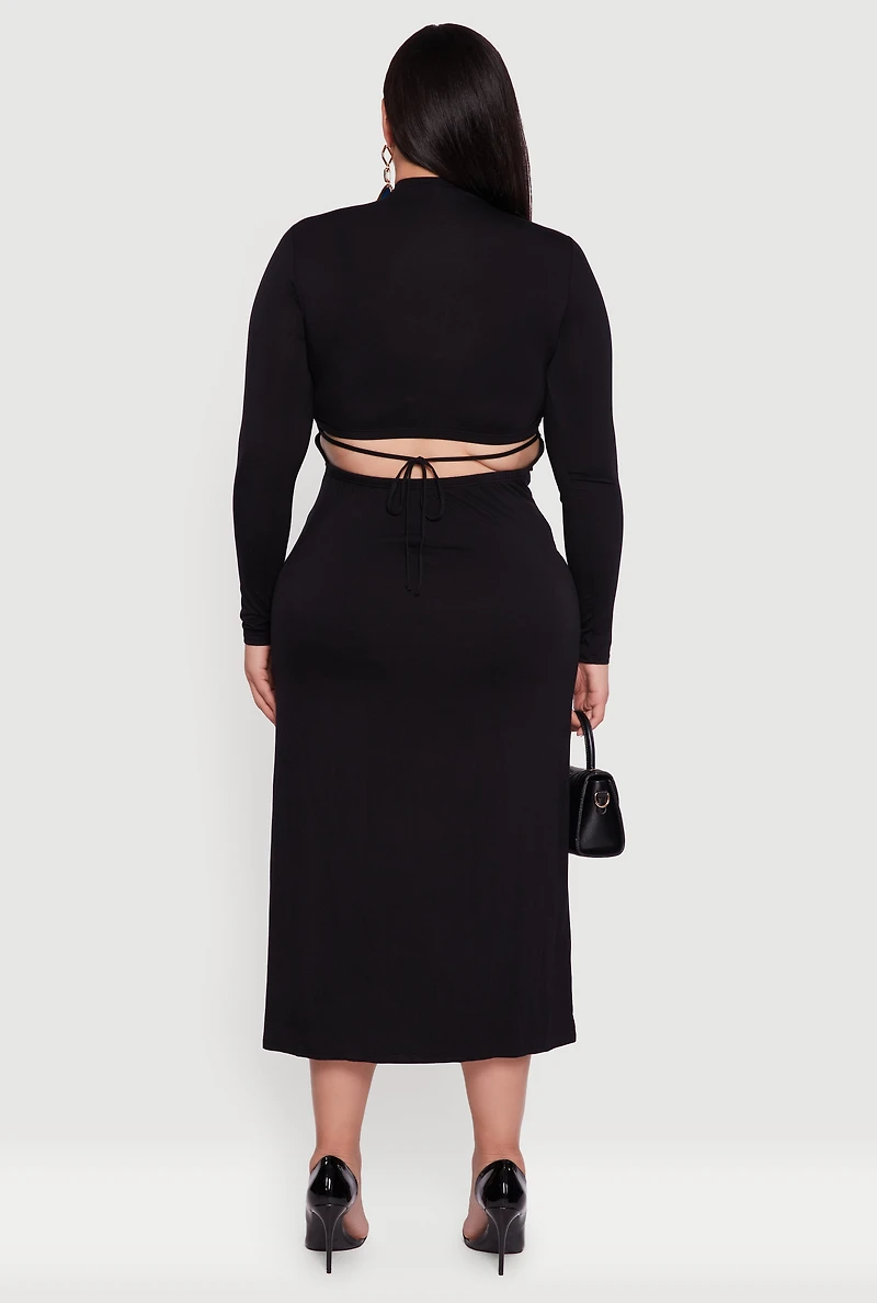 Womens Plus Size Mock Neck Open Tie Back Keyhole Dress, Black, Size 2X