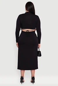 Womens Plus Size Mock Neck Open Tie Back Keyhole Dress, Black, Size 2X