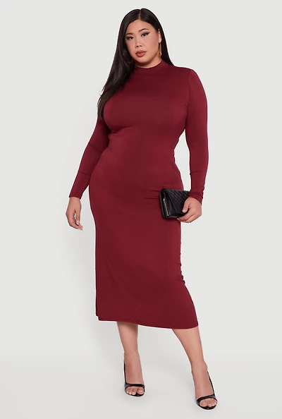 Womens Plus Size Mock Neck Open Tie Back Keyhole Dress, Burgundy, Size 2X