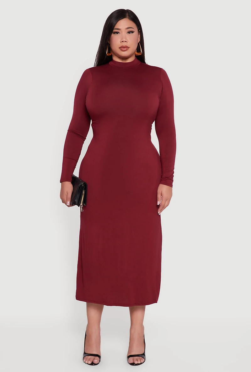 Womens Plus Size Mock Neck Open Tie Back Keyhole Dress, Burgundy, Size 2X
