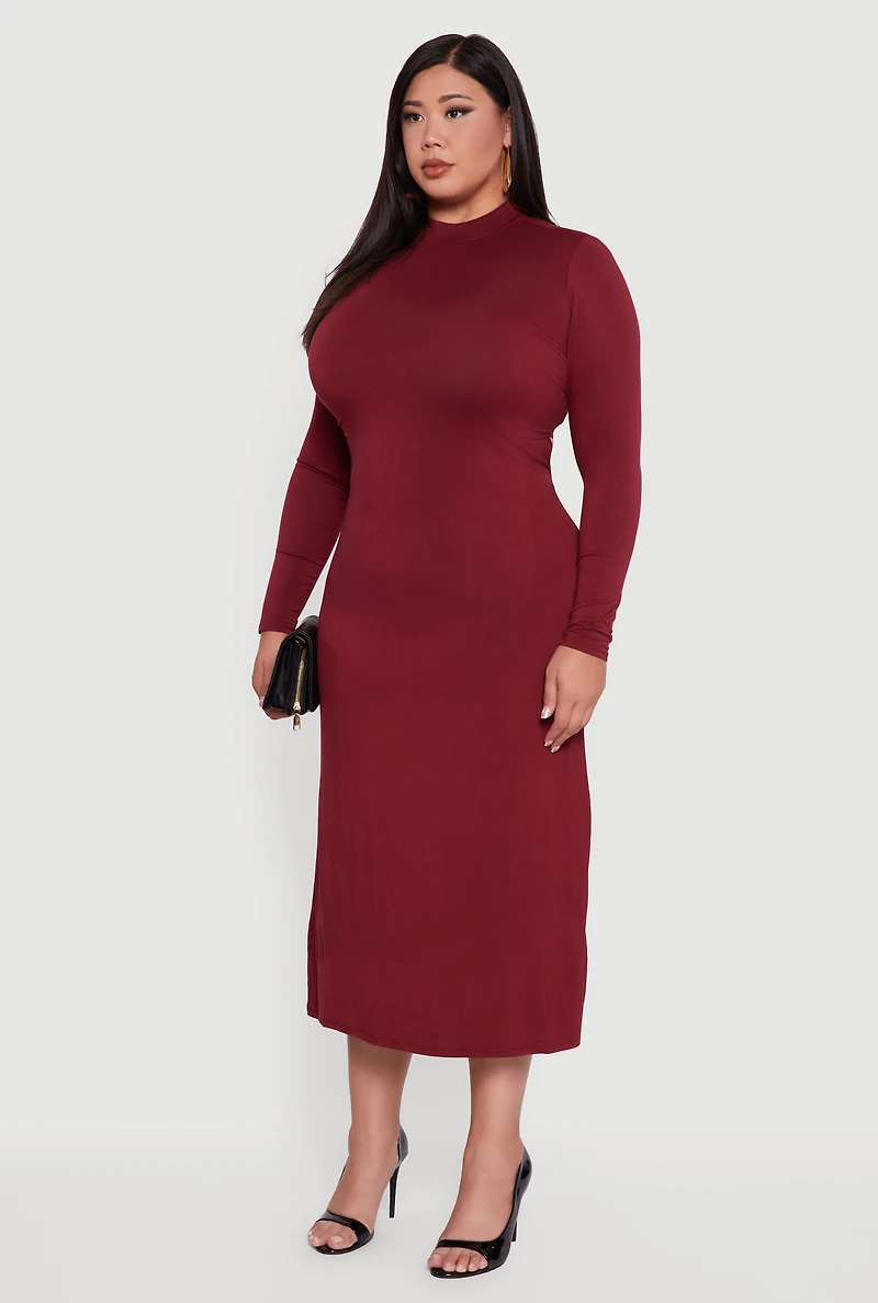 Womens Plus Size Mock Neck Open Tie Back Keyhole Dress, Burgundy, Size 2X