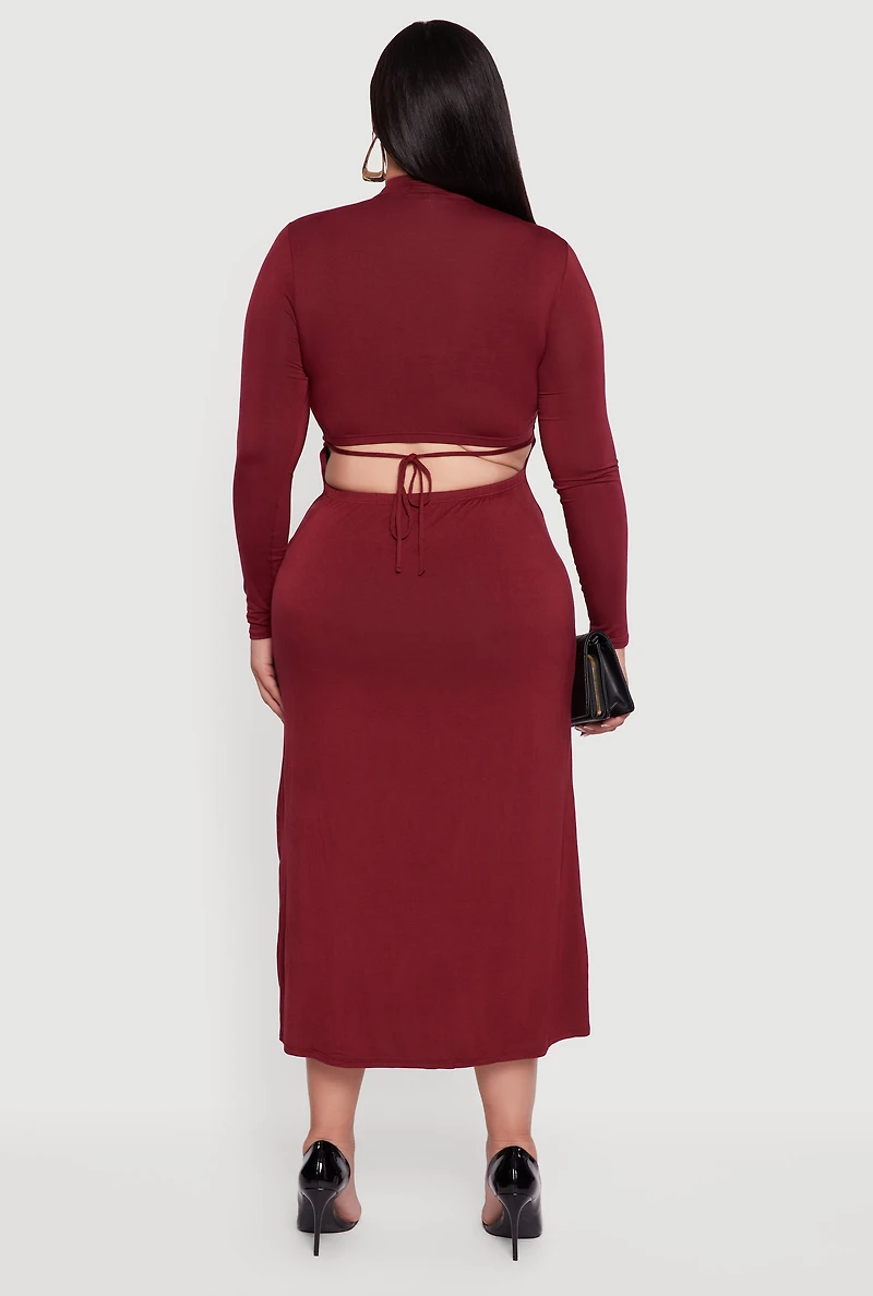 Womens Plus Size Mock Neck Open Tie Back Keyhole Dress, Burgundy, Size 2X