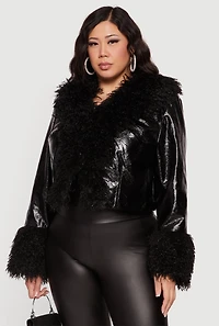 Womens Plus Size Faux Fur Trim Cropped Faux Leather Jacket, Black, Size 3X