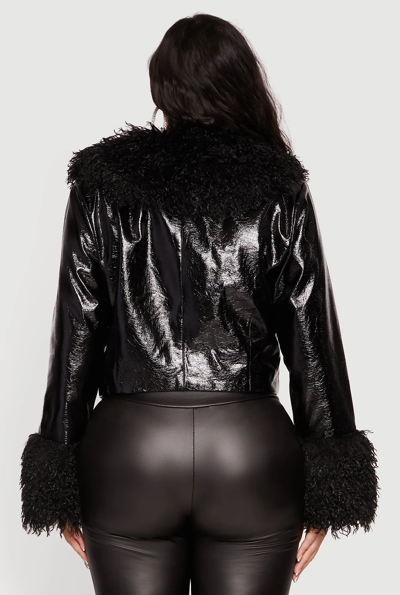 Womens Plus Size Faux Fur Trim Cropped Faux Leather Jacket, Black, Size 3X