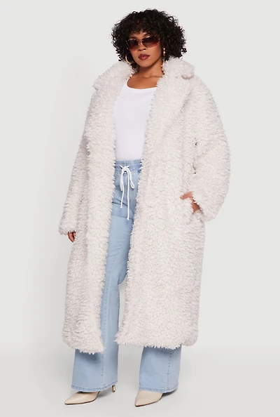 Womens Plus Size Collared Long Teddy Coat, Beige, Size 1X