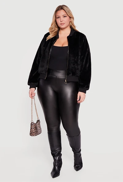 Womens Plus Size Zip Front Faux Fur Bomber Jacket, Black, Size 3X