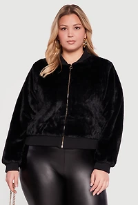 Plus Zip Front Faux Fur Bomber Jacket