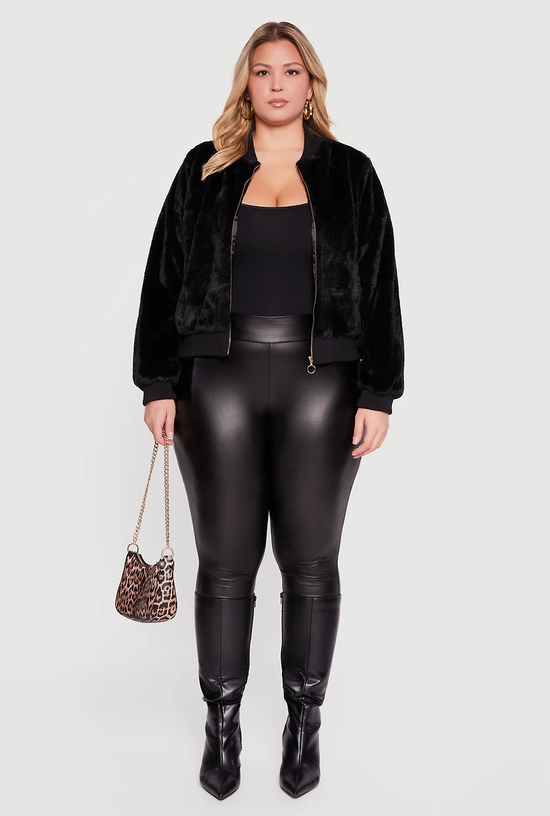 Womens Plus Size Zip Front Faux Fur Bomber Jacket, Black, Size 3X