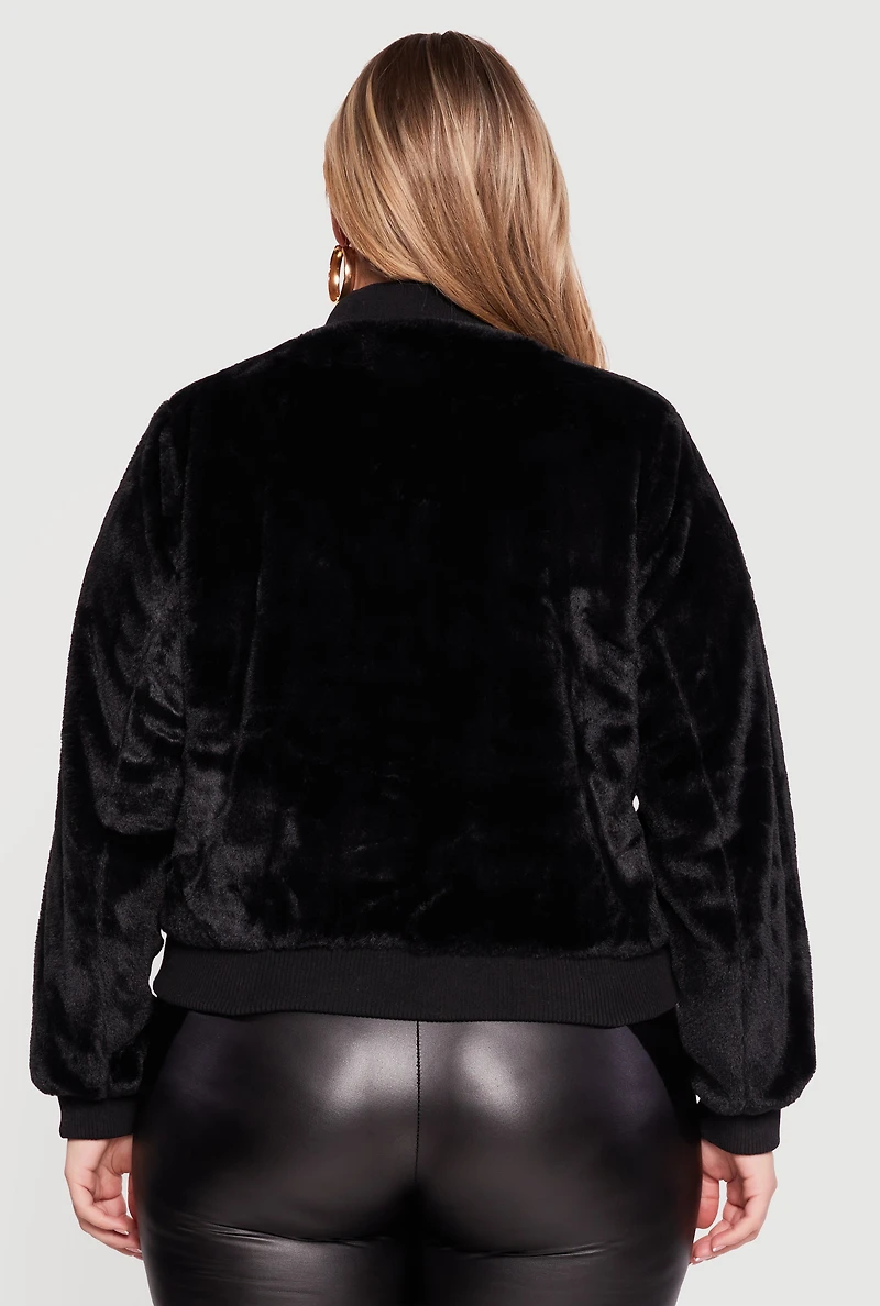 Plus Zip Front Faux Fur Bomber Jacket