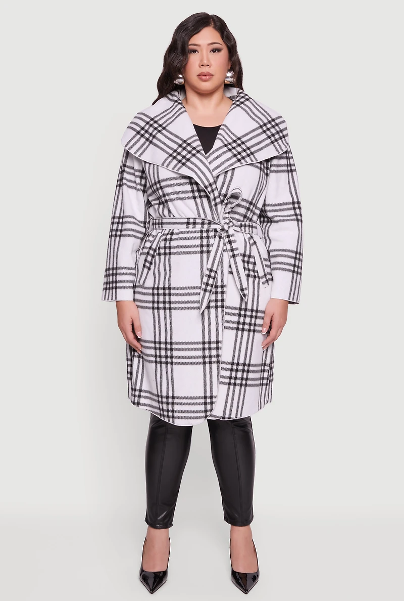 Plus Plaid Fleece Wrap Coat with Tie Waist Belt