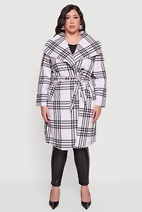 Plus Plaid Fleece Wrap Coat with Tie Waist Belt