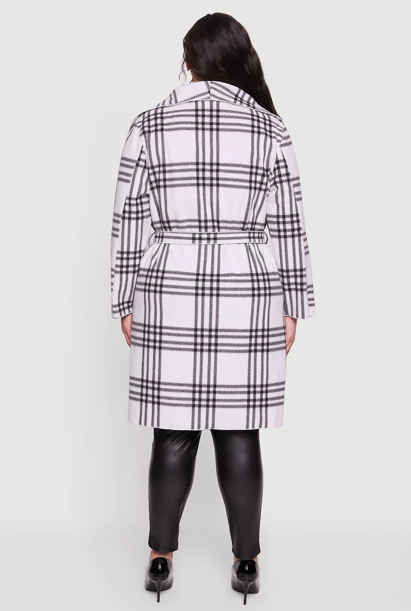 Plus Plaid Fleece Wrap Coat with Tie Waist Belt
