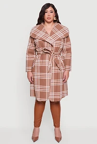 Womens Plus Size Plaid Fleece Wrap Coat with Tie Waist Belt, Brown, Size 3X