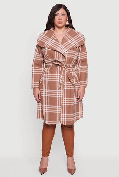 Womens Plus Plaid Fleece Wrap Coat with Tie Waist Belt,