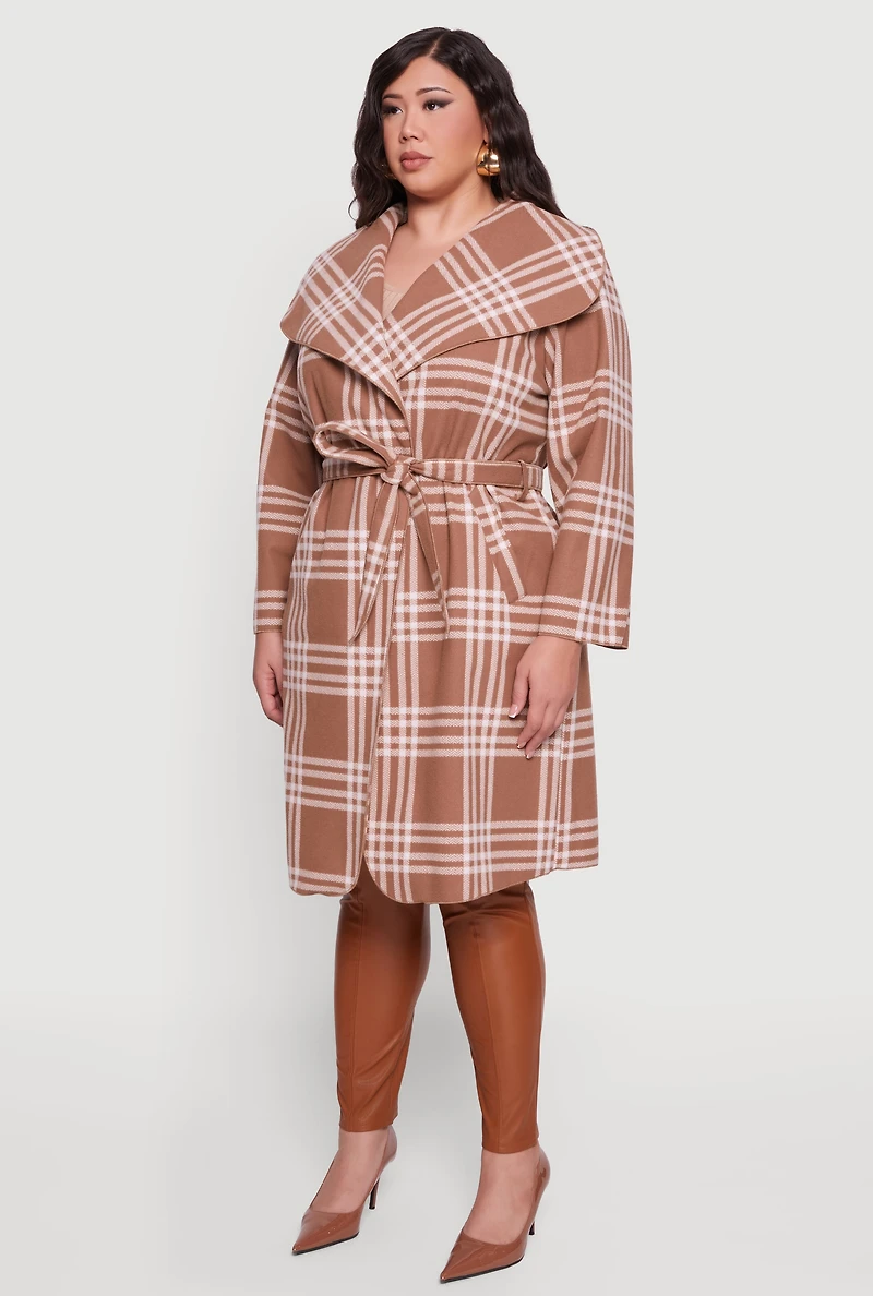 Womens Plus Size Plaid Fleece Wrap Coat with Tie Waist Belt, Brown, Size 3X