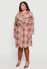 Womens Plus Size Plaid Fleece Wrap Coat with Tie Waist Belt, Brown, Size 3X