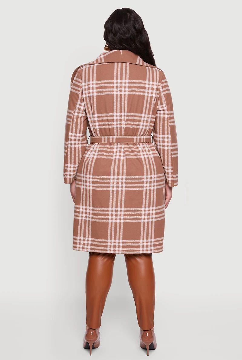 Womens Plus Size Plaid Fleece Wrap Coat with Tie Waist Belt, Brown, Size 3X