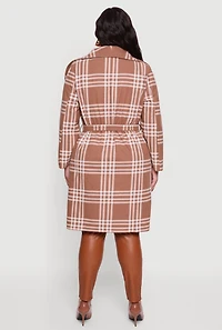 Womens Plus Size Plaid Fleece Wrap Coat with Tie Waist Belt, Brown, Size 3X