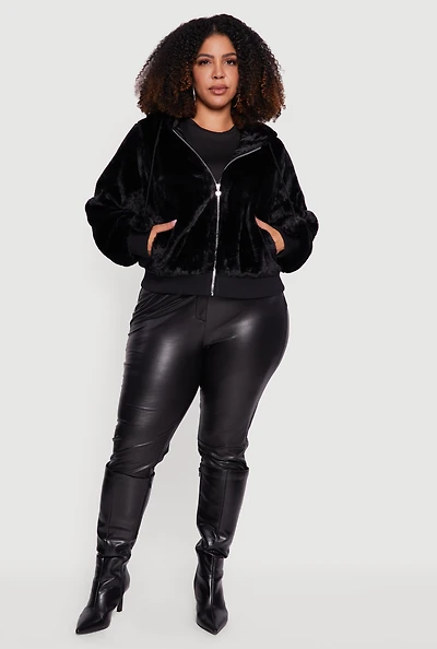 Plus Pom Drawstring Hooded Faux Fur Jacket
