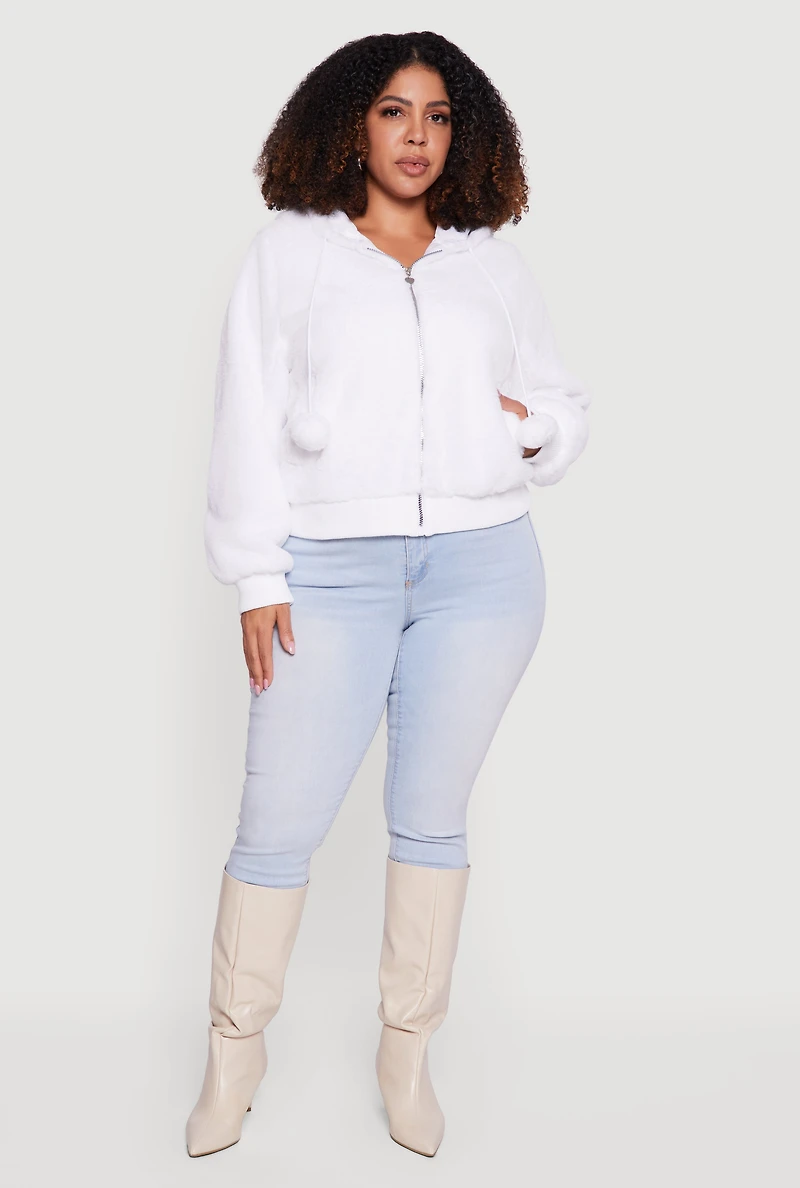 Plus Pom Drawstring Hooded Faux Fur Jacket