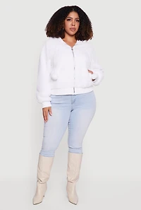 Plus Pom Drawstring Hooded Faux Fur Jacket