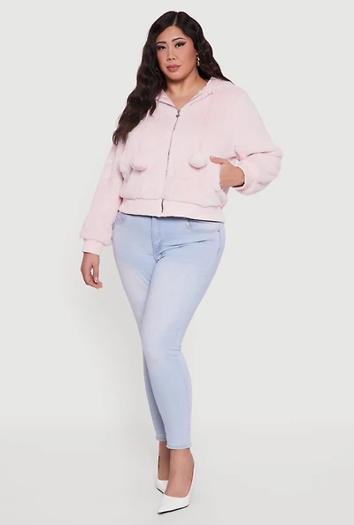 Womens Plus Size Pom Pom Drawstring Hooded Faux Fur Jacket, Pink, Size 1X