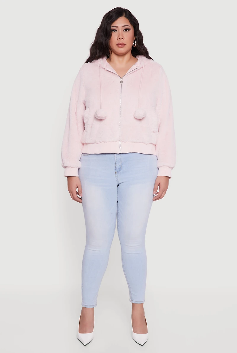 Plus Pom Drawstring Hooded Faux Fur Jacket