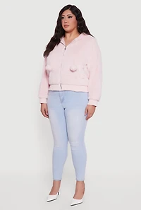 Plus Pom Drawstring Hooded Faux Fur Jacket